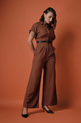 CINCHED WAIST JUMPSUIT - BROWN
